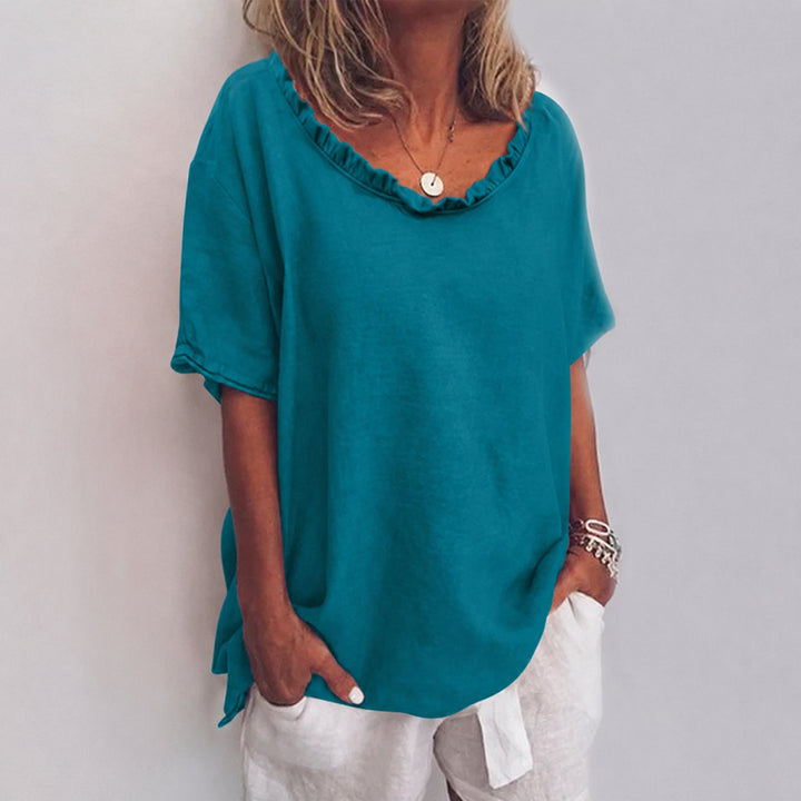 Damen Lockere Kurzarm-Bluse mit Rüschenkragen Leinenoptik - Sea Blue