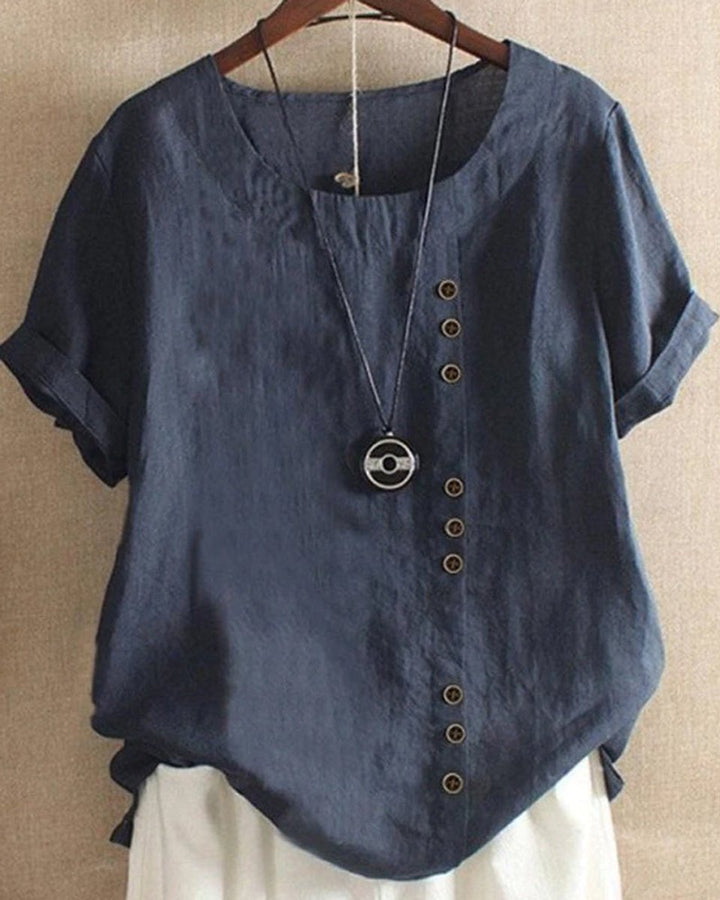 Damen Lockere Leinenbluse Kurzarm Asymmetrischer Knopfleiste - Dunkelblau