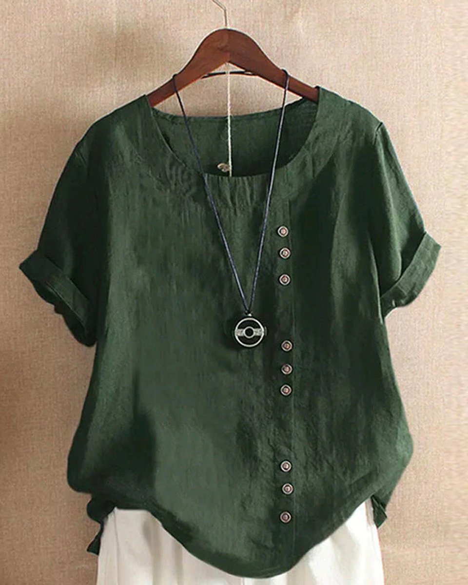 Damen Lockere Leinenbluse Kurzarm Asymmetrischer Knopfleiste - Grün