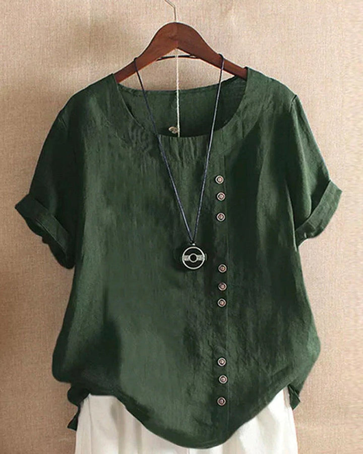 Damen Lockere Leinenbluse Kurzarm Asymmetrischer Knopfleiste - Grün