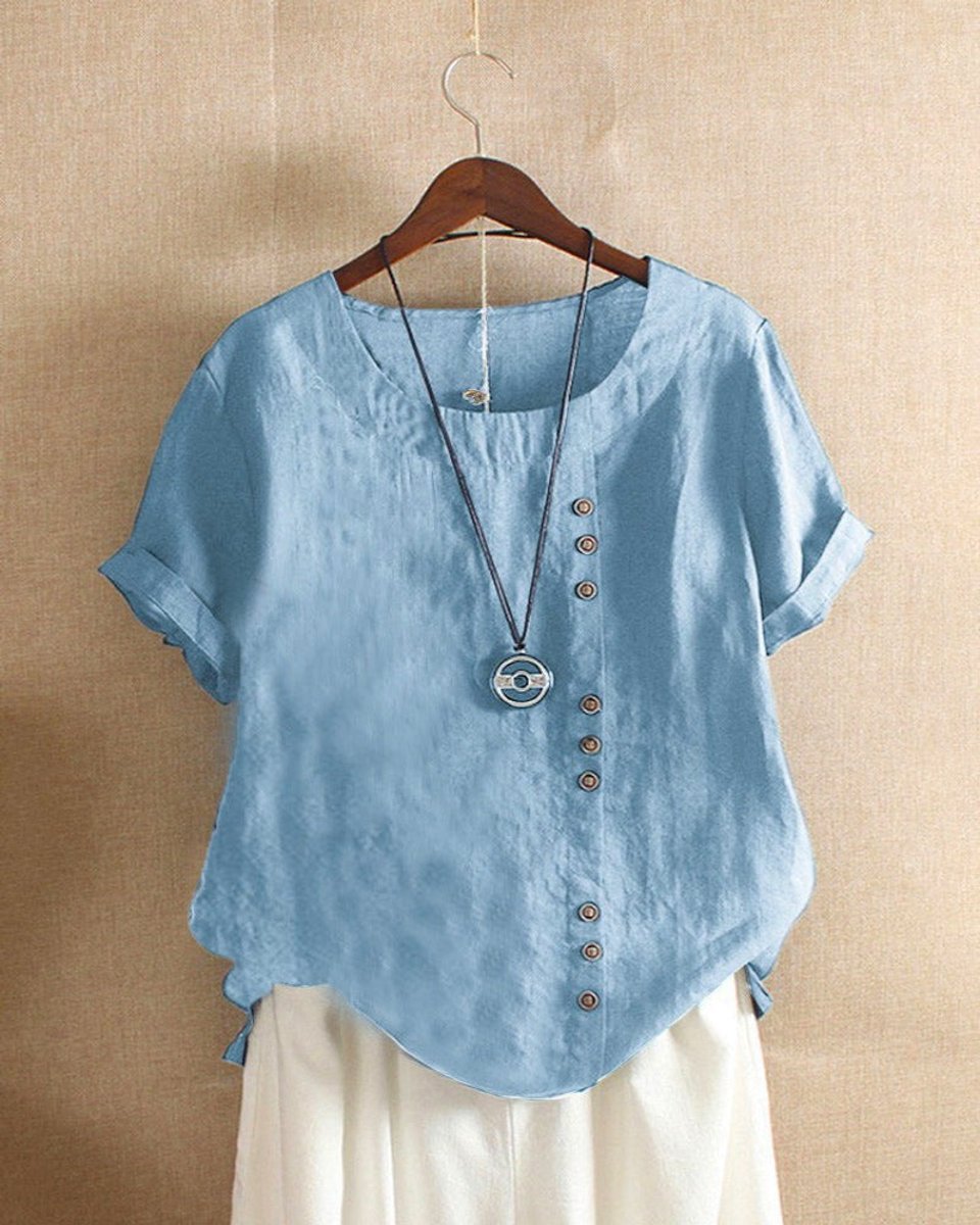 Damen Lockere Leinenbluse Kurzarm Asymmetrischer Knopfleiste - Hellblau