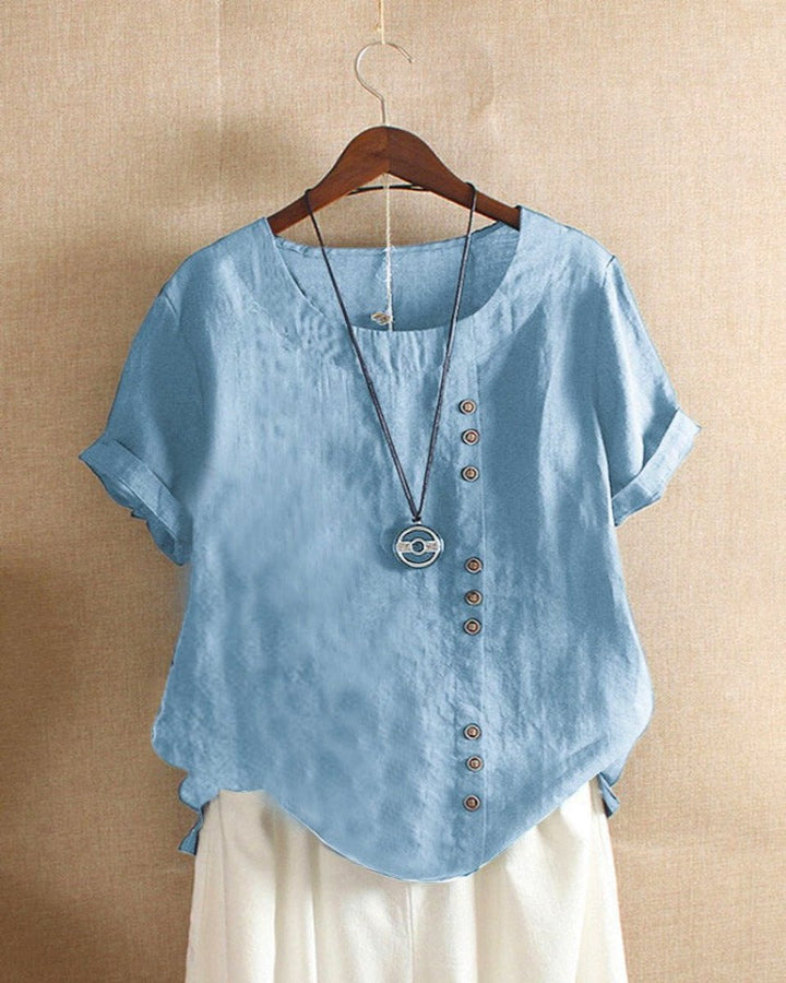 Damen Lockere Leinenbluse Kurzarm Asymmetrischer Knopfleiste - Hellblau