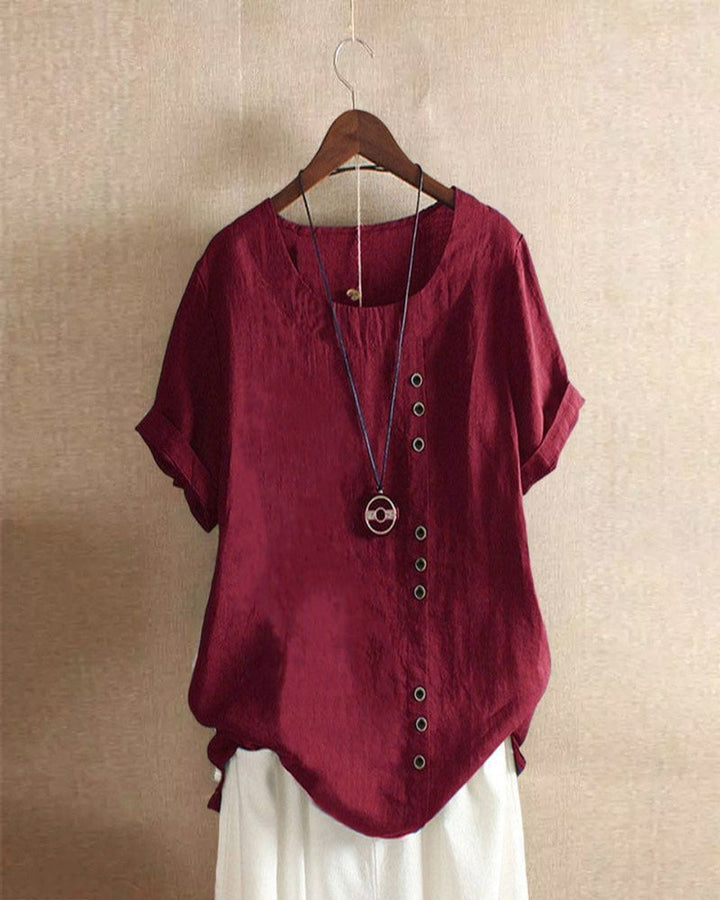 Damen Lockere Leinenbluse Kurzarm Asymmetrischer Knopfleiste - Burgund