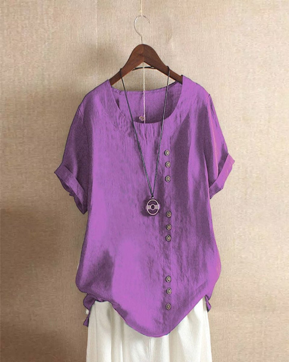 Damen Lockere Leinenbluse Kurzarm Asymmetrischer Knopfleiste - Violett