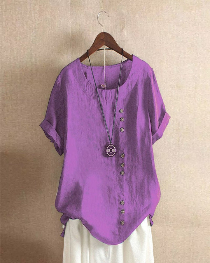 Damen Lockere Leinenbluse Kurzarm Asymmetrischer Knopfleiste - Violett