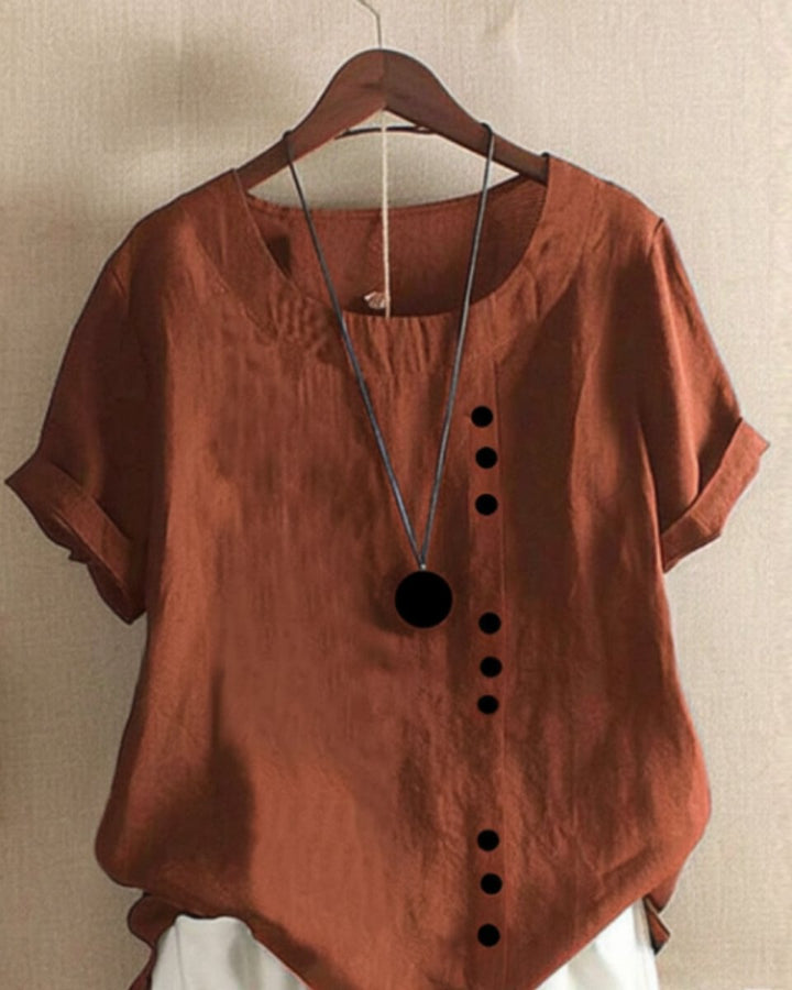 Damen Lockere Leinenbluse Kurzarm Asymmetrischer Knopfleiste - Braun