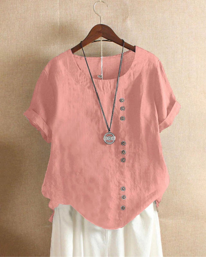 Damen Lockere Leinenbluse Kurzarm Asymmetrischer Knopfleiste - Rosa