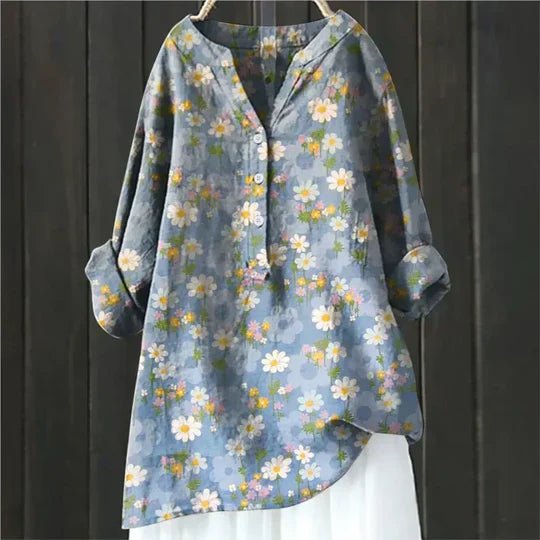 Damen Lockere Luftige Blumen Tunika Bluse - Blue