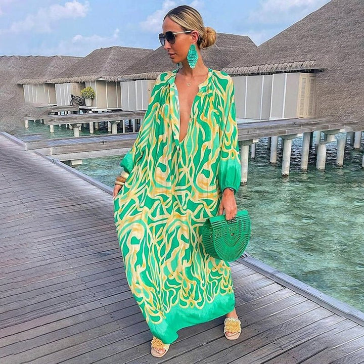 Damen Lockere Maxi-Kaftan-Strandtunika mit Abstraktem Print - Green