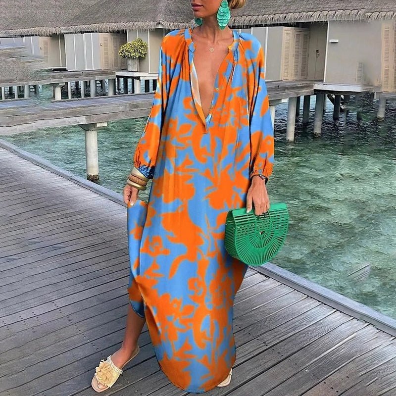 Damen Lockere Maxi-Kaftan-Strandtunika mit Abstraktem Print - Orange