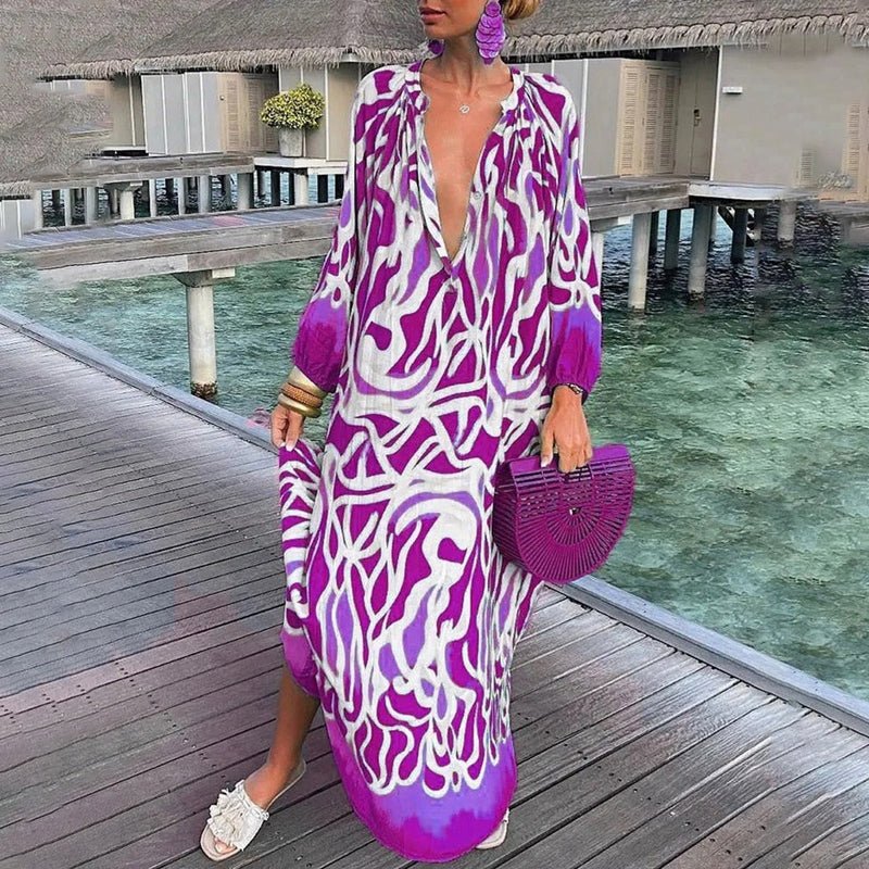 Damen Lockere Maxi-Kaftan-Strandtunika mit Abstraktem Print