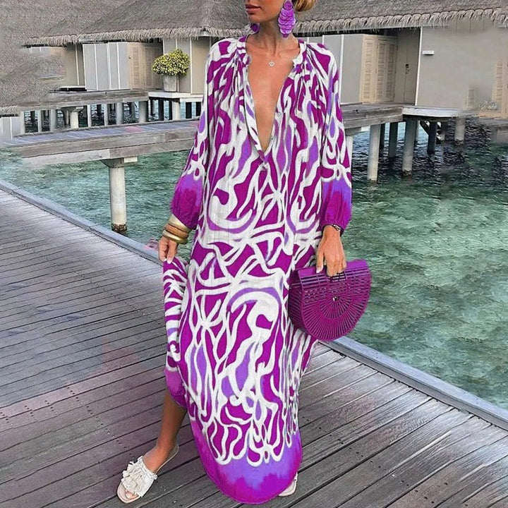 Damen Lockere Maxi-Kaftan-Strandtunika mit Abstraktem Print