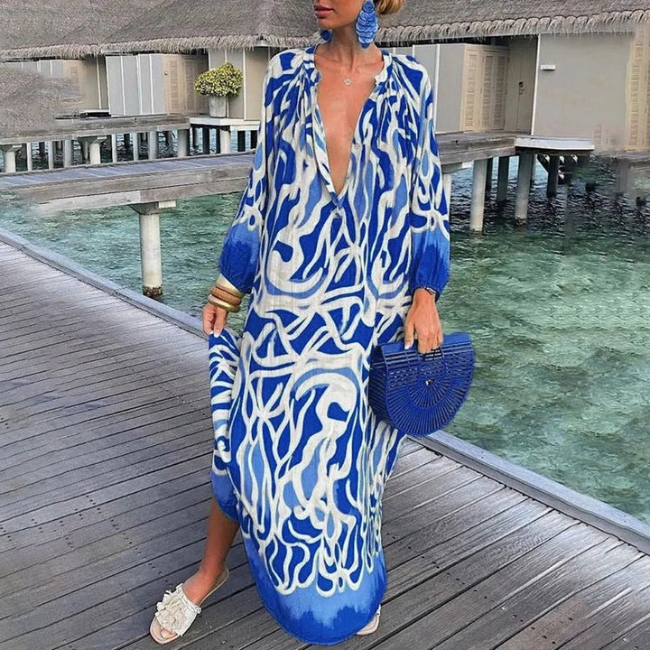 Damen Lockere Maxi-Kaftan-Strandtunika mit Abstraktem Print - Blue