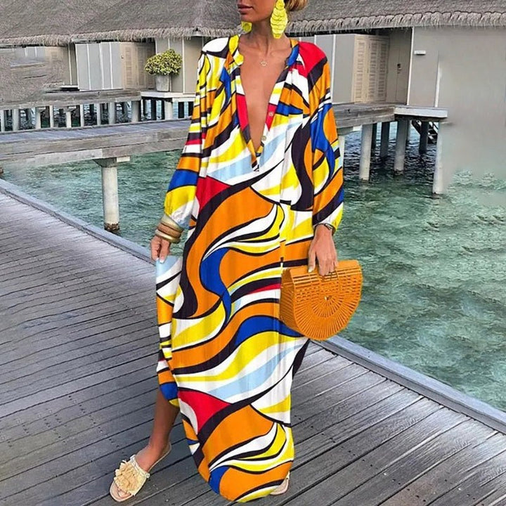 Damen Lockere Maxi-Kaftan-Strandtunika mit Abstraktem Print