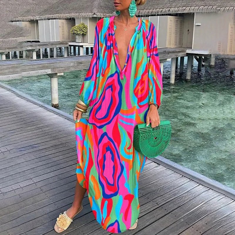 Damen Lockere Maxi-Kaftan-Strandtunika mit Abstraktem Print - Pink
