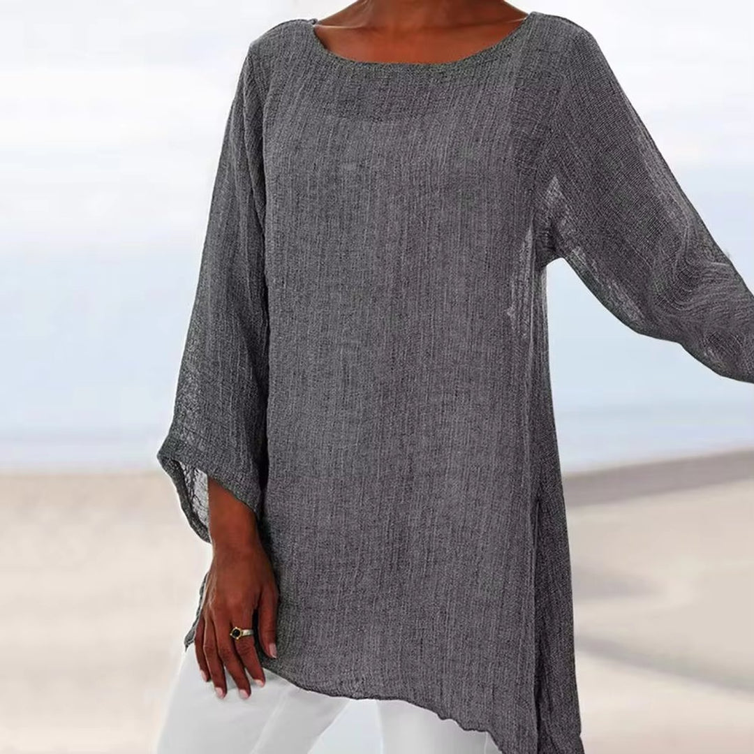 Damen Lockeres Langarm-Leinenbluse Oversized Tunika-Oberteil - Grau