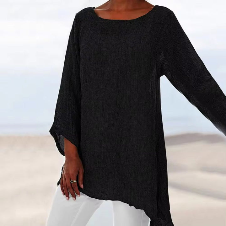 Damen Lockeres Langarm-Leinenbluse Oversized Tunika-Oberteil - Schwarz