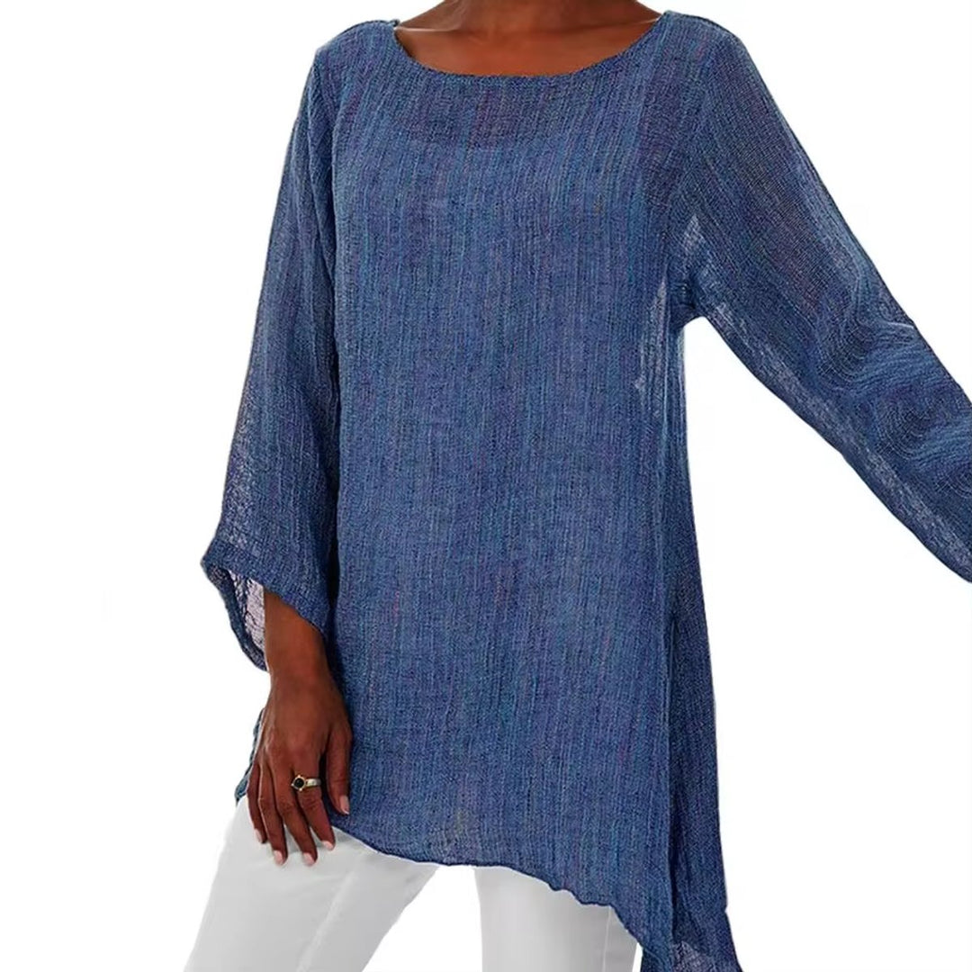 Damen Lockeres Langarm-Leinenbluse Oversized Tunika-Oberteil - Blau