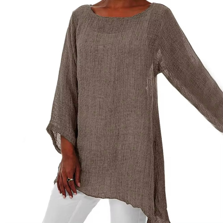 Damen Lockeres Langarm-Leinenbluse Oversized Tunika-Oberteil - Khaki