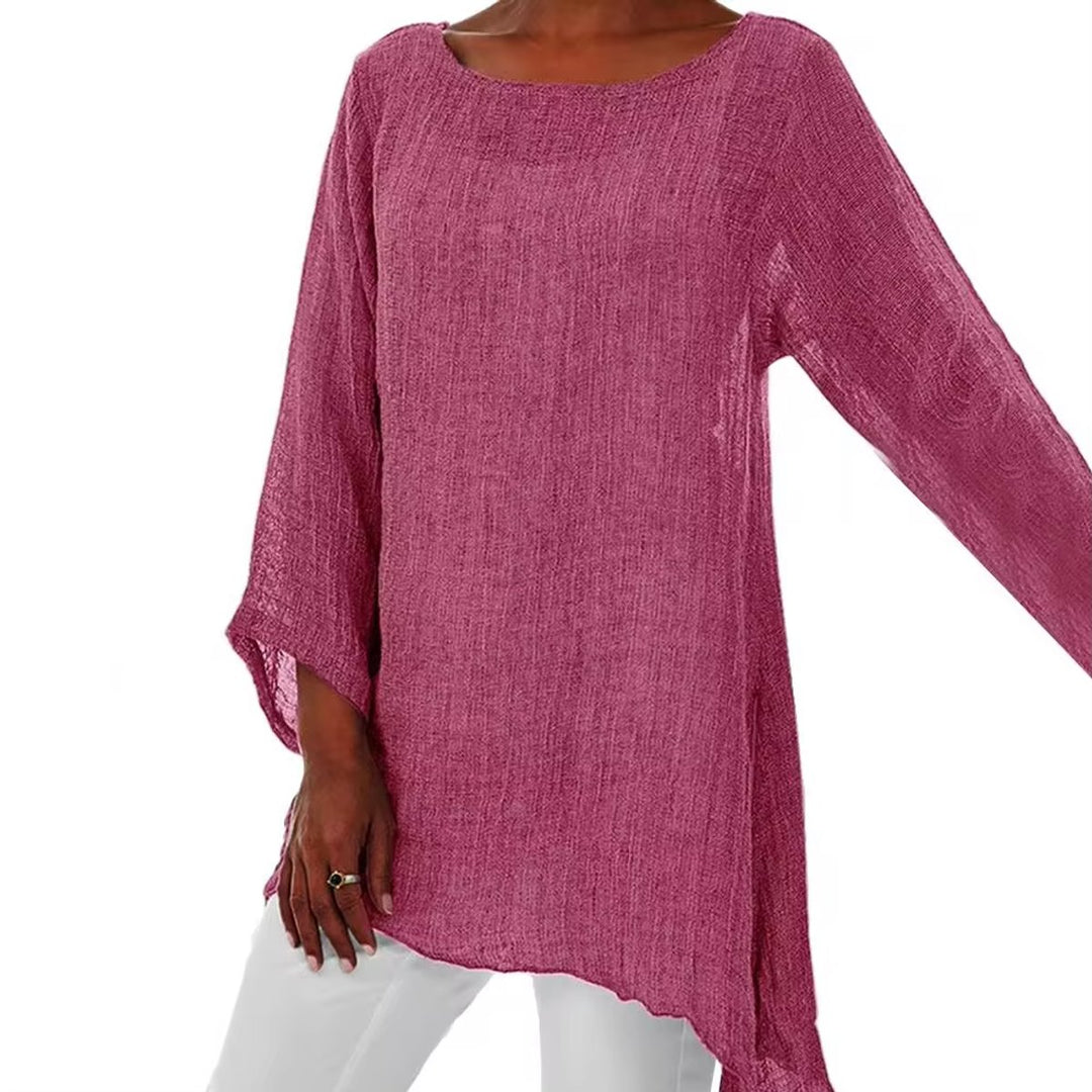 Damen Lockeres Langarm-Leinenbluse Oversized Tunika-Oberteil - Rosa