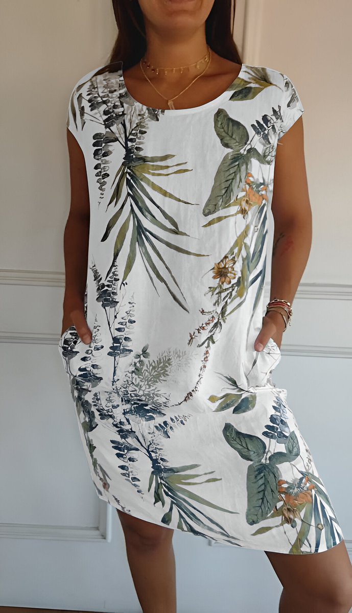 Damen Lockeres Sommerkleid mit Tropischem Blattmuster - Weiß und Grün