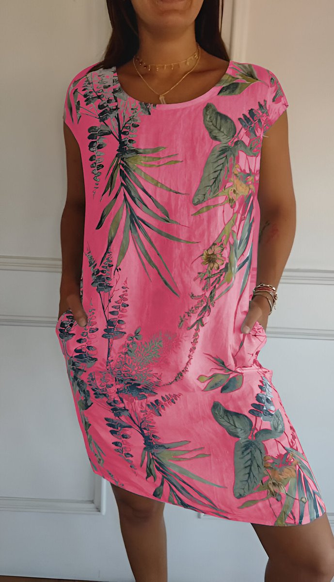 Damen Lockeres Sommerkleid mit Tropischem Blattmuster - Rosa