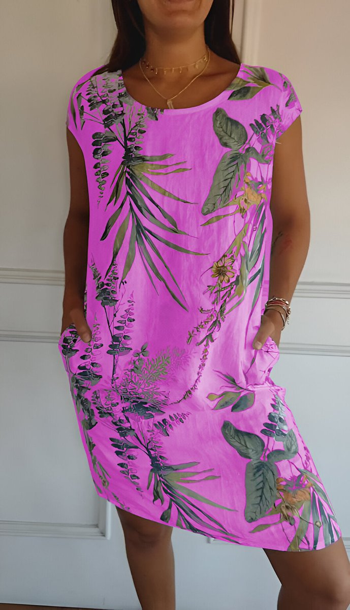 Damen Lockeres Sommerkleid mit Tropischem Blattmuster - Violett