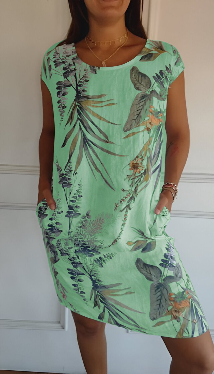 Damen Lockeres Sommerkleid mit Tropischem Blattmuster - Grün