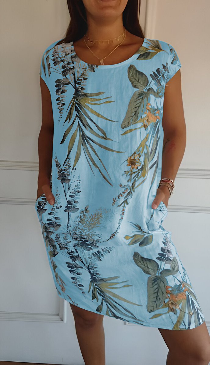 Damen Lockeres Sommerkleid mit Tropischem Blattmuster - Hellblau