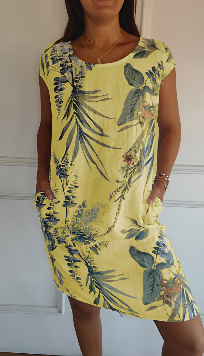 Damen Lockeres Sommerkleid mit Tropischem Blattmuster - Gelb