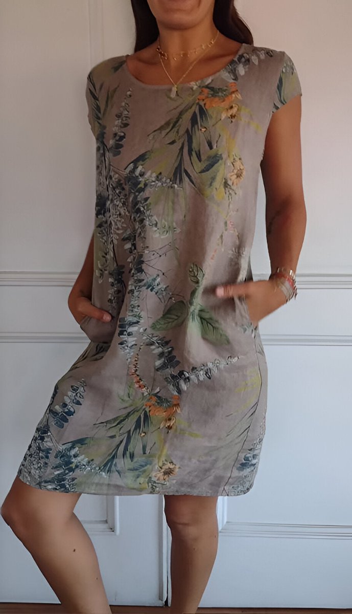 Damen Lockeres Sommerkleid mit Tropischem Blattmuster - Braun