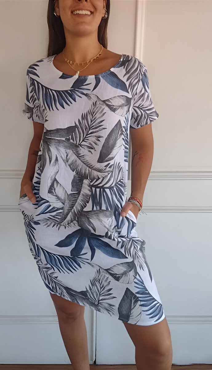 Damen Lockeres Sommerkleid mit Tropischem Blattmuster - Weiß und Blau