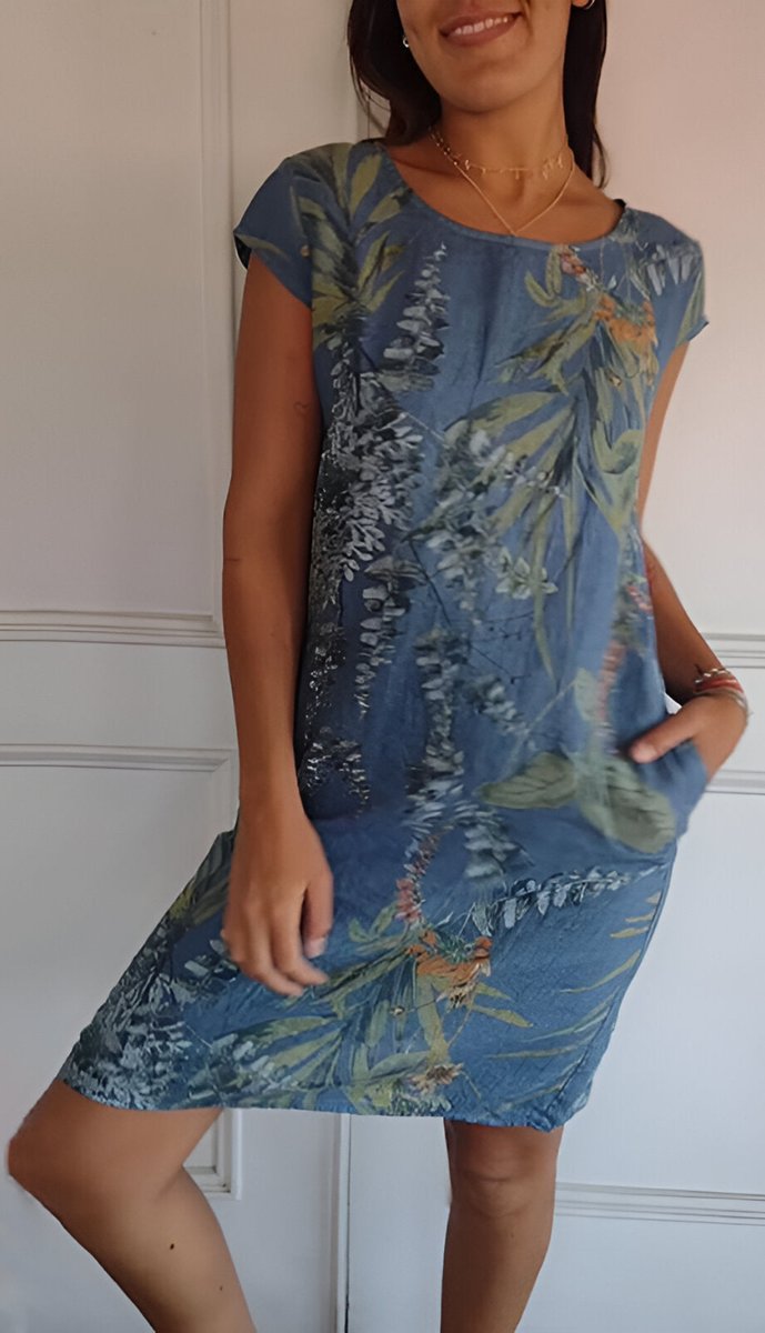 Damen Lockeres Sommerkleid mit Tropischem Blattmuster - Blau