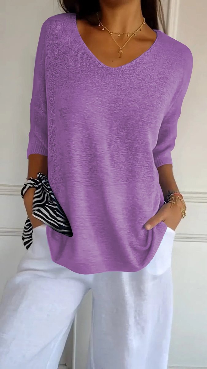Damen Lockeres V-Ausschnitt Strick-Top Kurzarm - Violett