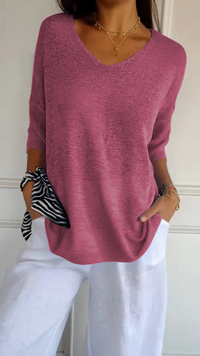 Damen Lockeres V-Ausschnitt Strick-Top Kurzarm - Rosa
