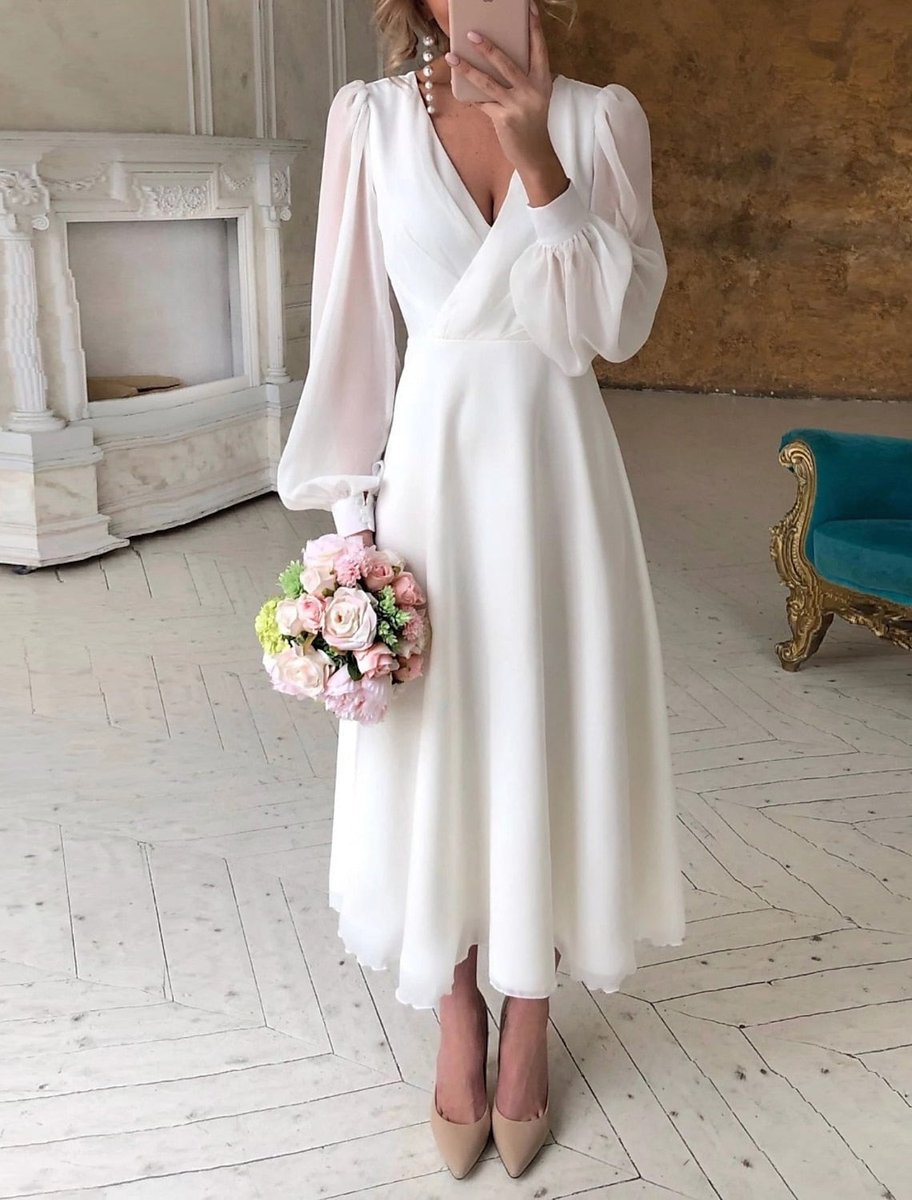 Damen Long Sleeve Dress elegantes Midi-Hochzeitskleid V-Ausschnitt Puffärmel - Weiß