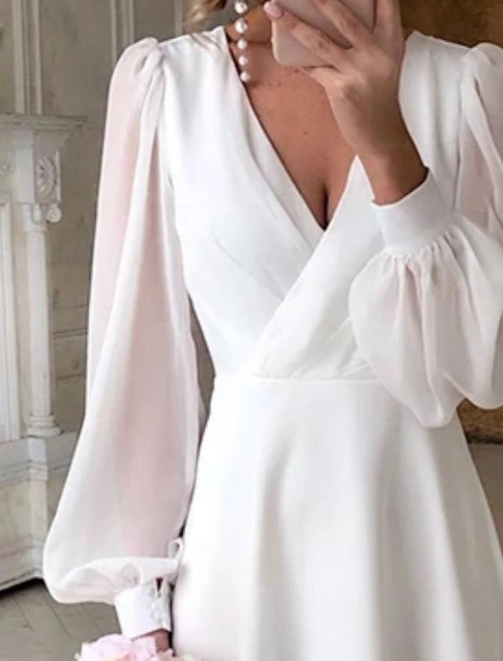 Damen Long Sleeve Dress elegantes Midi-Hochzeitskleid V-Ausschnitt Puffärmel