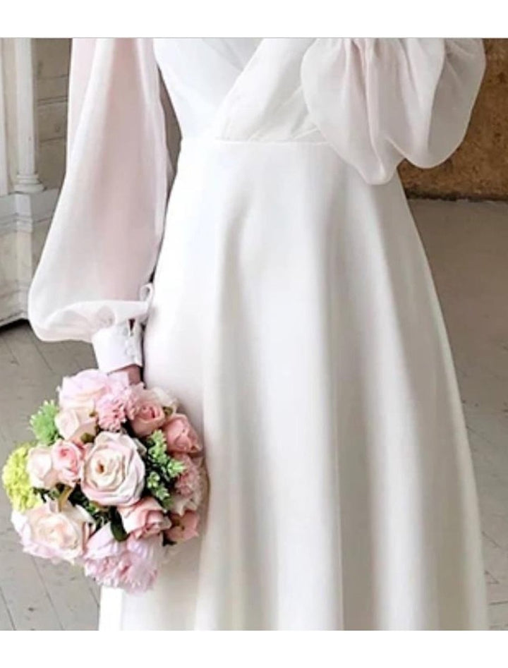 Damen Long Sleeve Dress elegantes Midi-Hochzeitskleid V-Ausschnitt Puffärmel