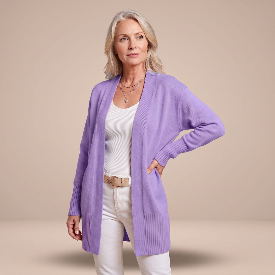 Damen Longcardigan Offene Strickjacke mit V-Ausschnitt Langen Ärmeln - Lila