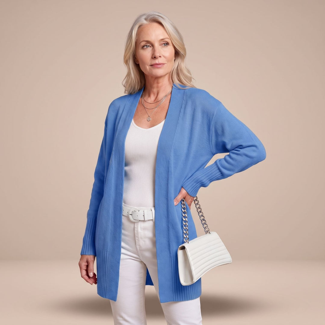 Damen Longcardigan Offene Strickjacke mit V-Ausschnitt Langen Ärmeln - Blau