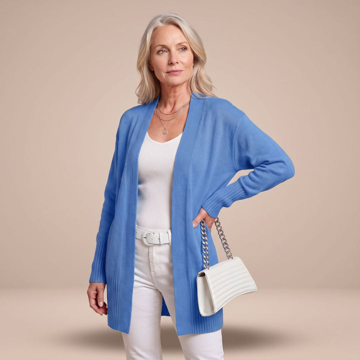 Damen Longcardigan Offene Strickjacke mit V-Ausschnitt Langen Ärmeln - Blau