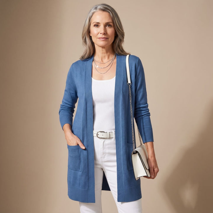 Damen Longcardigan Offene Strickjacke mit V-Ausschnitt Langen Ärmeln