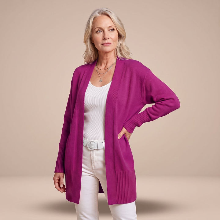 Damen Longcardigan Offene Strickjacke mit V-Ausschnitt Langen Ärmeln - Dunkellila
