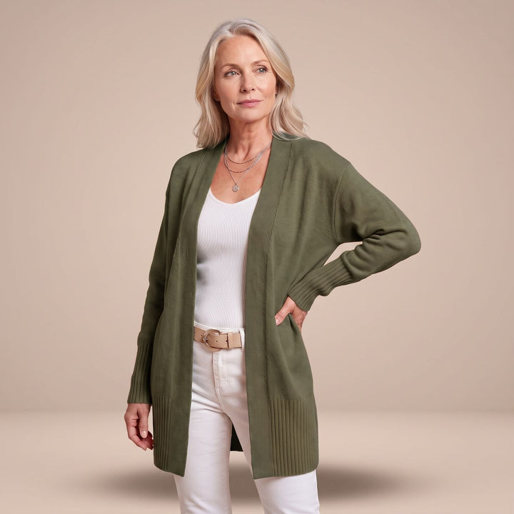 Damen Longcardigan Offene Strickjacke mit V-Ausschnitt Langen Ärmeln - Olivgrün