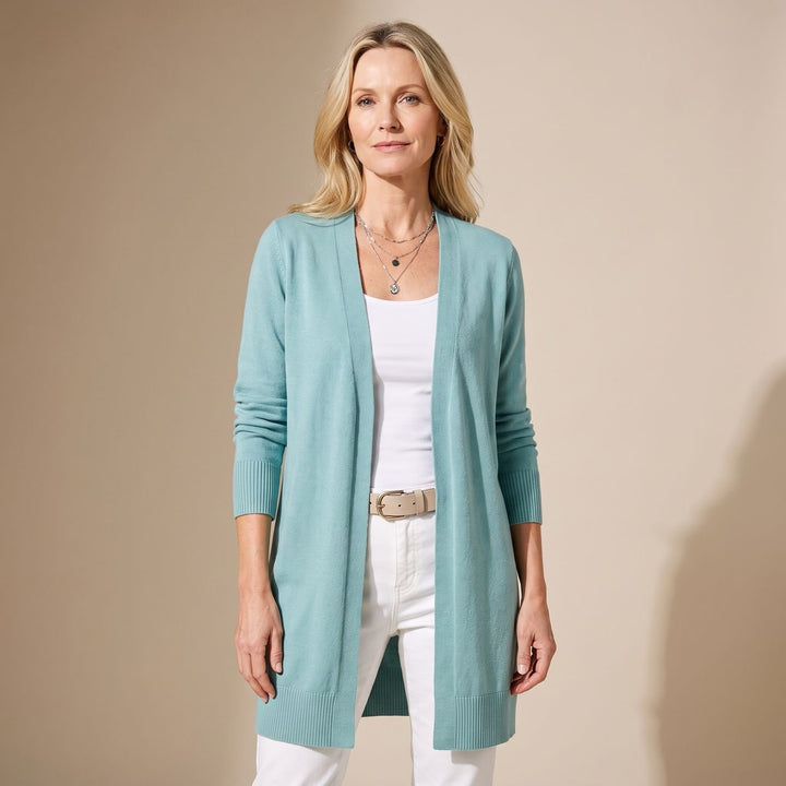 Damen Longcardigan Offene Strickjacke mit V-Ausschnitt Langen Ärmeln - Hellblau