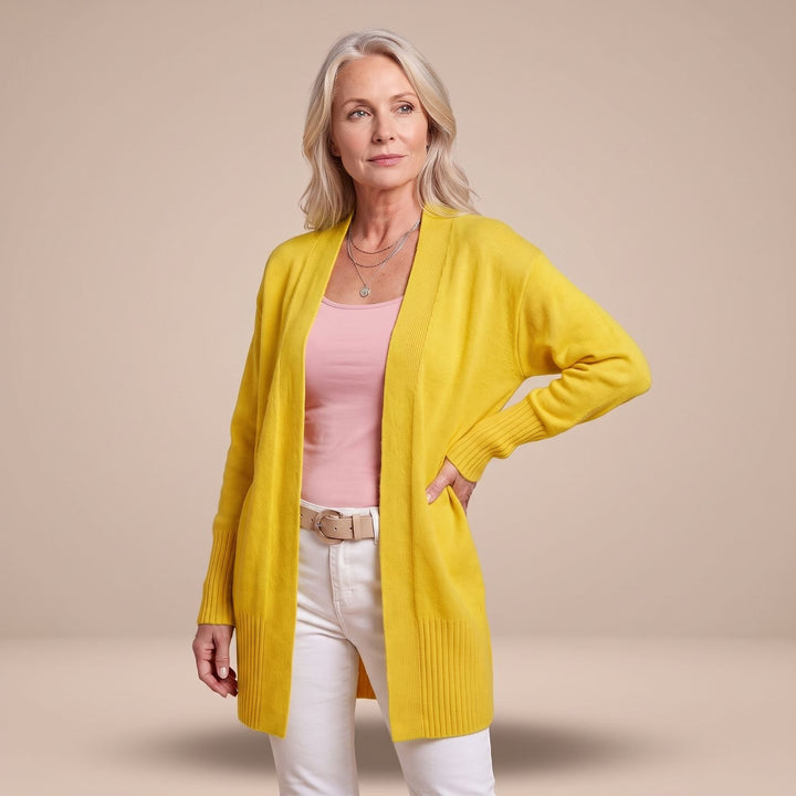 Damen Longcardigan Offene Strickjacke mit V-Ausschnitt Langen Ärmeln - Gelb