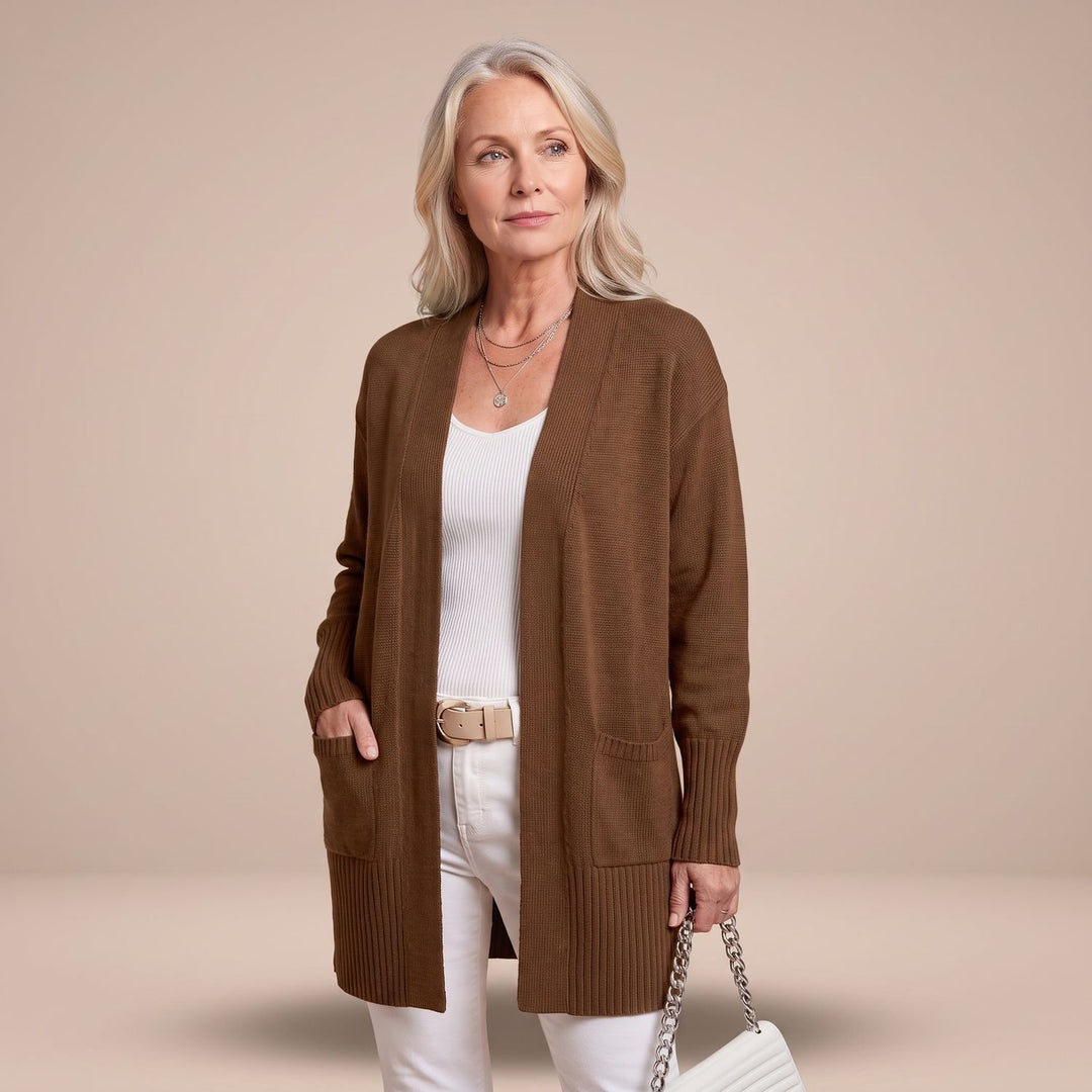 Damen Longcardigan Offene Strickjacke mit V-Ausschnitt Langen Ärmeln - Braun