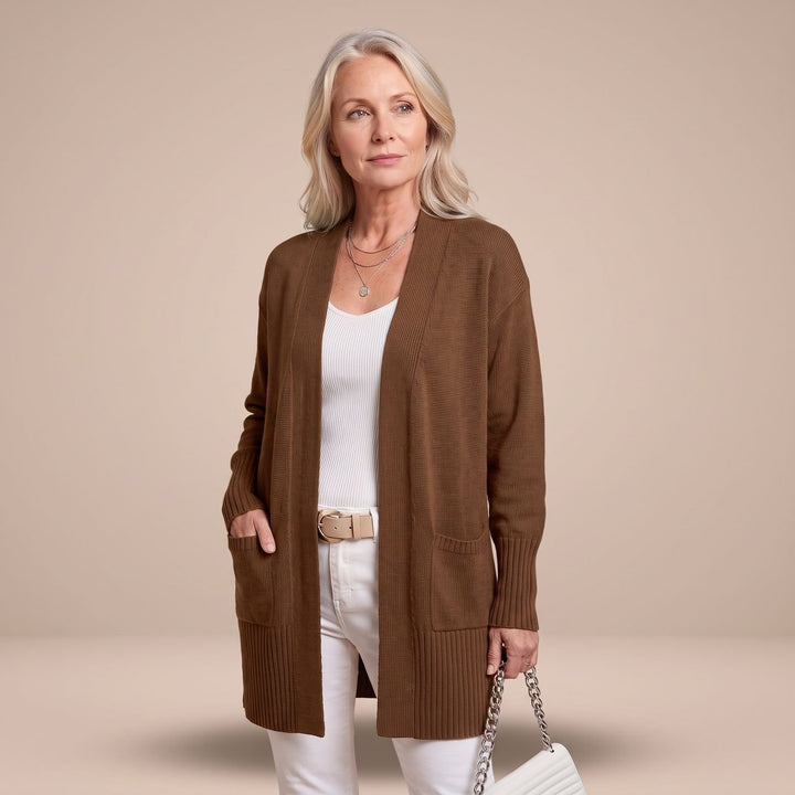 Damen Longcardigan Offene Strickjacke mit V-Ausschnitt Langen Ärmeln - Braun
