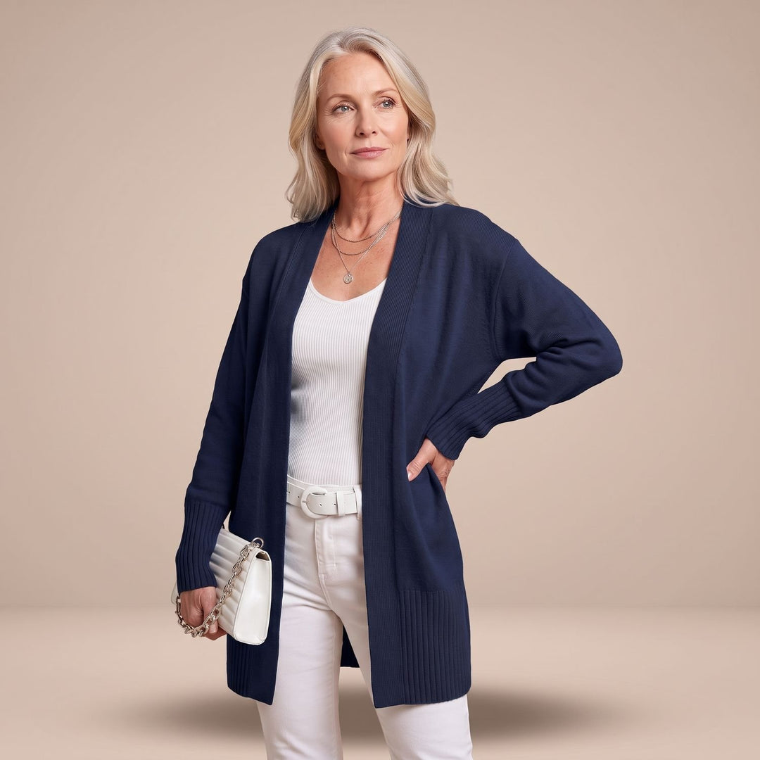 Damen Longcardigan Offene Strickjacke mit V-Ausschnitt Langen Ärmeln - Dunkelblau