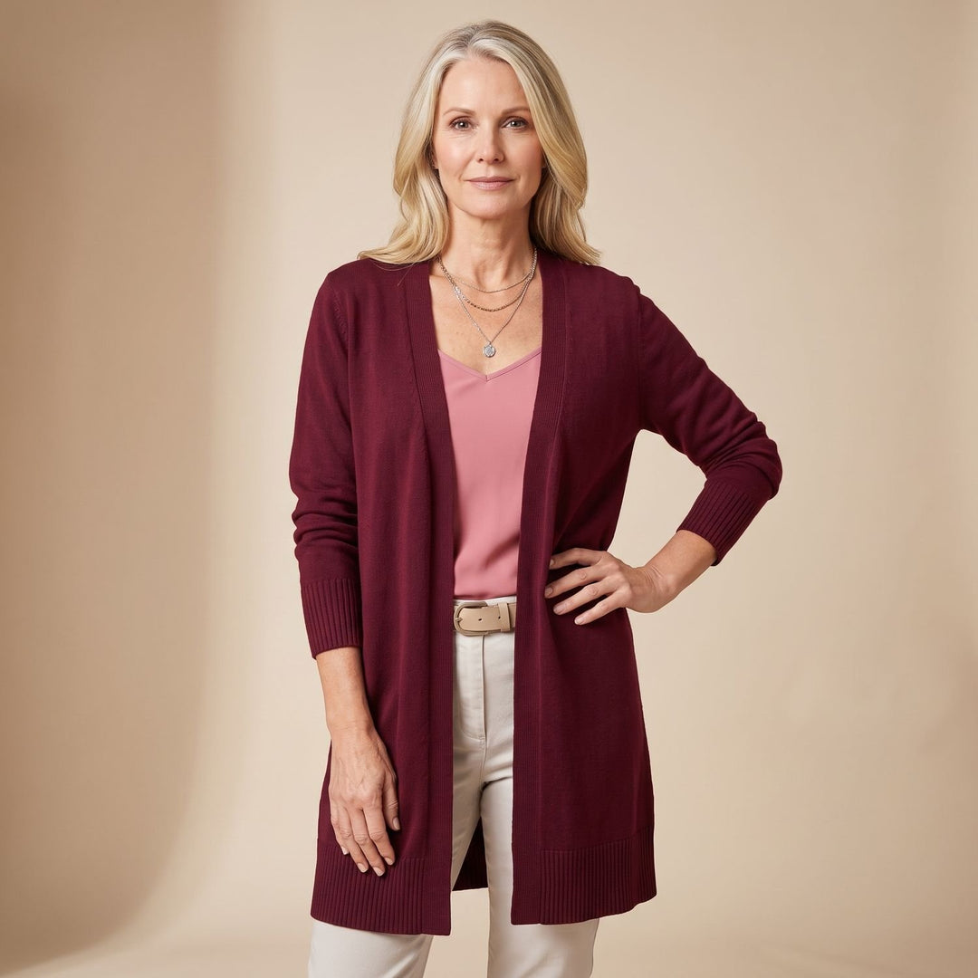Damen Longcardigan Offene Strickjacke mit V-Ausschnitt Langen Ärmeln - Bordeaux